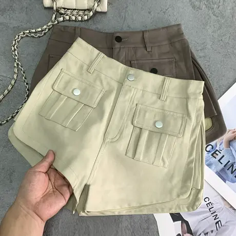 韩版大口袋pu皮短裤2024秋季新款显瘦百搭高腰裤宽松休闲皮雅丹风图片