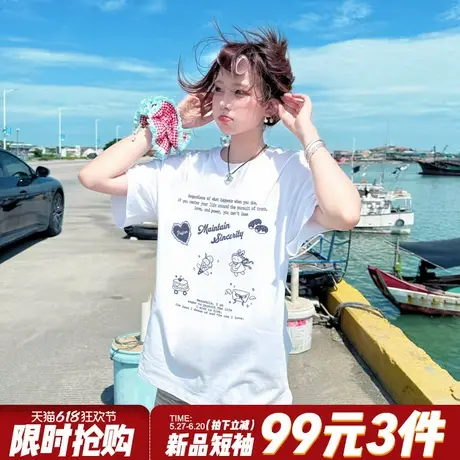chic韩系简约风纯棉白色短袖t恤女夏宽松休闲可爱卡通印花上衣潮商品大图
