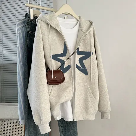 vintage大码连帽灰色卫衣女2024新款爆款拉链加绒外套ins宽松上衣商品大图