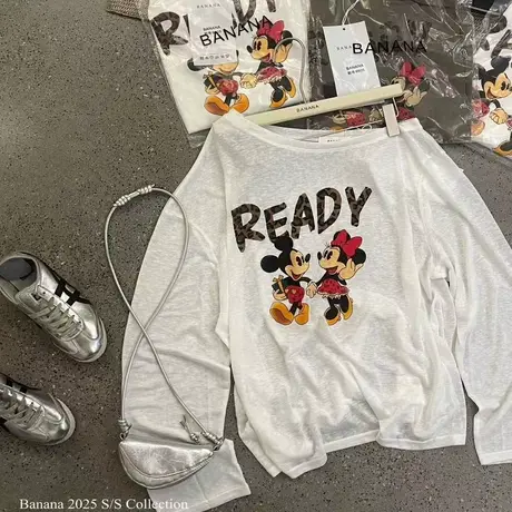 韩国东大门夏季新款韩版时尚趣味斜肩长袖T恤女防晒衫罩衫上衣ins商品大图