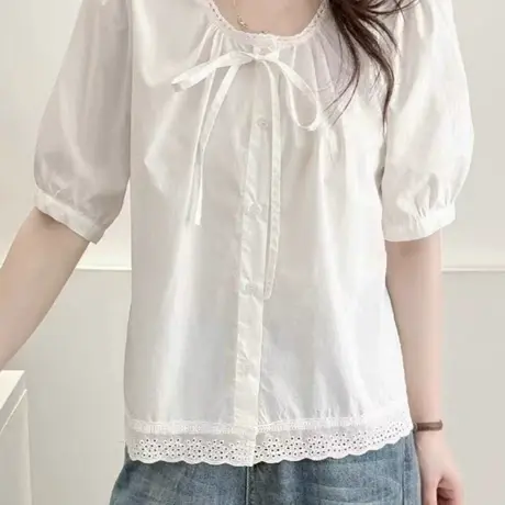 韩系短袖蕾丝花边衬衫女2025夏季新款洋气百搭减龄圆领系带上衣商品大图
