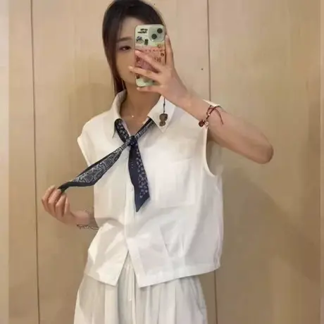 韩系设计感polo领配丝巾无袖衬衫2025夏季新款女气质减龄小众上衣图片
