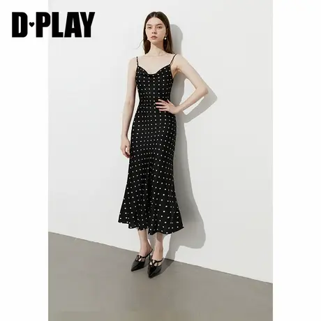 DPLAY2025年夏季新款黑色波点连衣裙女法式缎面鱼尾裙吊带长裙商品大图