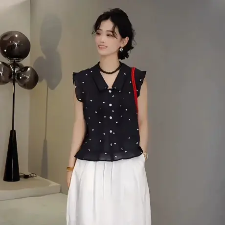 2025夏季新款时尚洋气花边刺绣钩花蕾丝马甲无袖衬衫女设计感上衣商品大图