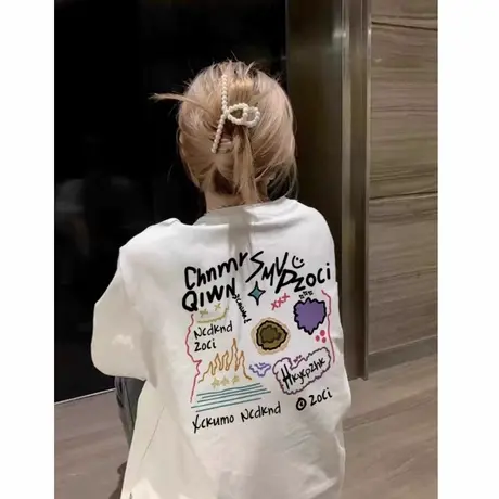 白色重磅纯棉短袖t恤女2025新款夏季设计感小众独特别致印花上衣商品大图