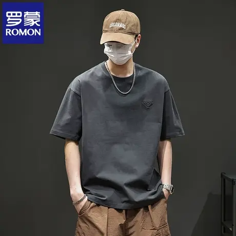 罗蒙潮牌纯棉美式百搭T恤衫夏季新款大码圆领男式重磅短袖上衣N1Z商品大图