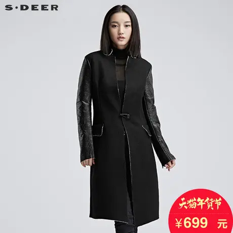 sdeer圣迪奥女装2018冬装现代皮质拼接修身长款毛呢大衣S16481865图片