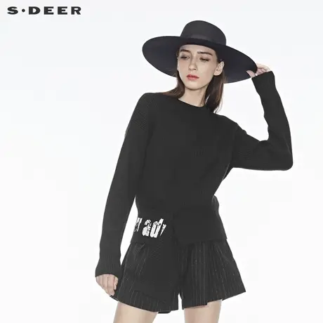 sdeer圣迪奥撞色英文不规则下摆装饰圆领针织衫S18483505图片