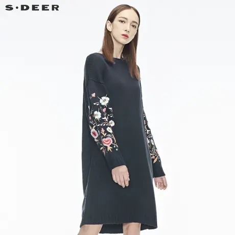 sdeer圣迪奥时尚复古刺绣图案装饰落肩袖型圆领针织衫S18483524图片