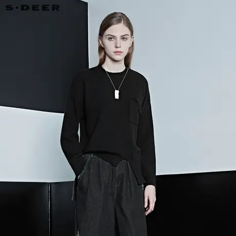 sdeer圣迪奥秋季不规则开衩罗纹圆领柔软毛衣针织衫女S20363514图片
