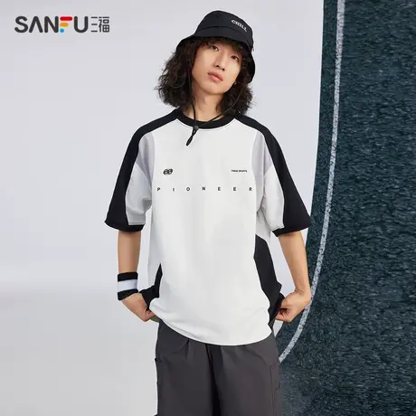 三福2024夏季男士撞色拼接插肩袖短T恤 时尚圆领上衣男483241商品大图