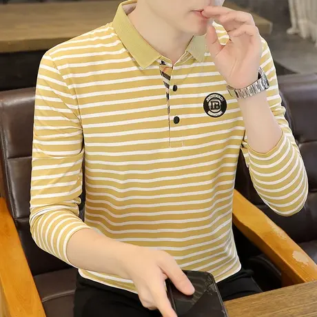 上衣服青年条纹翻领polo衫长袖t恤男士带领春秋修身打底秋衣男装商品大图