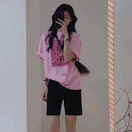 粉色超好看纯棉t恤女短袖2025新款爆款韩版中长款显瘦体恤上衣潮商品大图