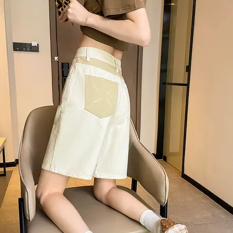 米白色短裤女夏季高腰宽松直筒中裤2025显瘦裤子女拼色休闲五分裤商品大图