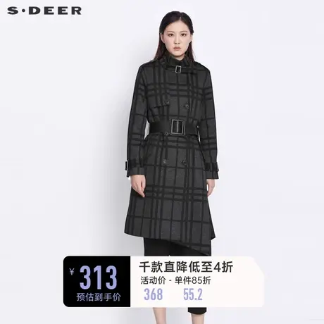 sdeer圣迪奥女装通勤双排扣格纹不规则长款风衣S21381818图片