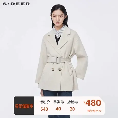 sdeer圣迪奥女装冬休闲西装领双排扣收腰高级感毛呢大衣S21461701图片