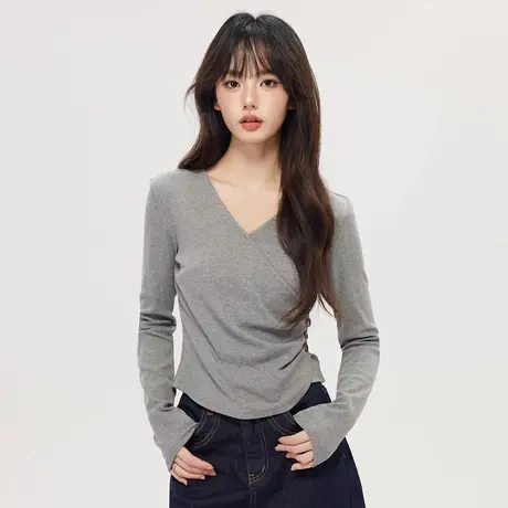 秋季V领长袖T女恤时尚百搭不规则气质修身显瘦设计感针织衫上衣图片