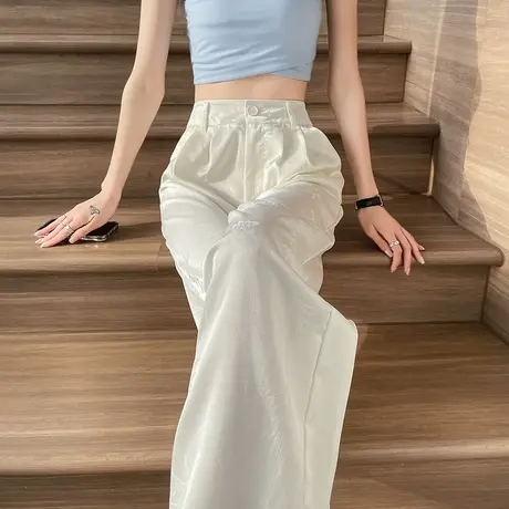 新中式提花阔腿裤女夏季薄款冰丝国风民族风绣花休闲直筒西装裤子商品大图