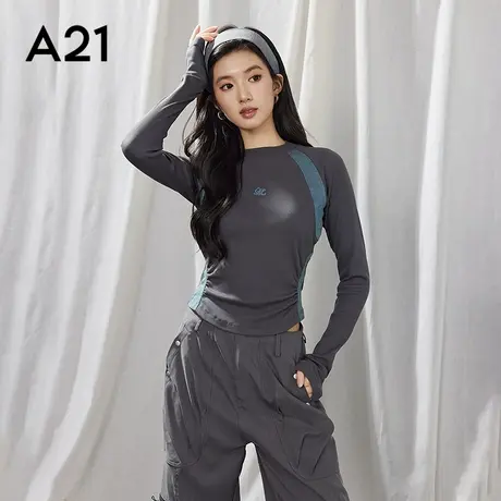 A21女装拼接撞色长袖T恤韩版设计感简约微弹圆领上衣图片