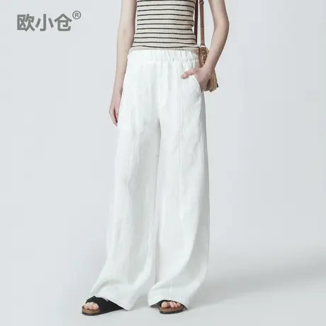 欧小仓冷萃系列  立体分割亚麻长裤 白色阔腿裤 松紧腰花苞弯刀裤商品大图