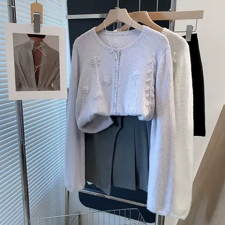 手工绣花圆领毛衣外套女2025春秋新款宽松外穿马海毛上衣针织开衫商品大图