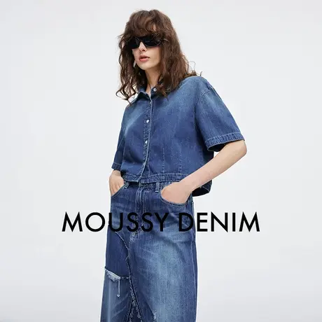MOUSSY 2025夏季新品复古通勤水洗纽扣短袖牛仔衬衫010IS111-3621商品大图