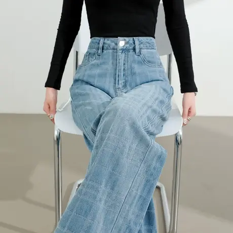 格纹直筒牛仔裤女夏季薄款裤子高腰宽松显瘦垂坠感百搭阔腿拖地裤商品大图