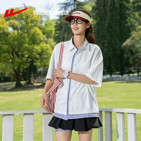 回力官方旗舰店假两件短袖衬衫女夏季新款上衣宽松休闲衬衣外套男图片