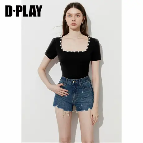 DPLAY2025年夏季新款黑色t恤女时尚修身珍珠上衣短袖内搭打底衫图片