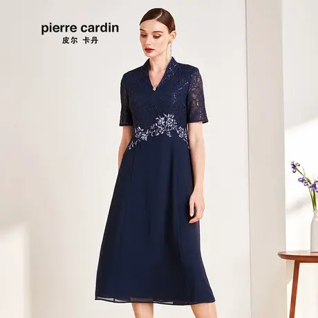 【皮尔卡丹女装】2020新款蕾丝袖拼接V领连衣裙绣花大摆裙商品大图