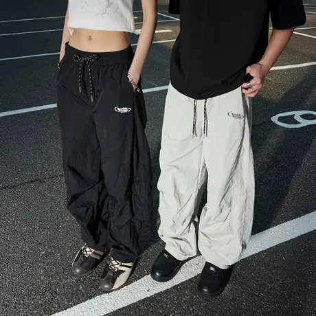 Nuthink宽松阔腿工装休闲裤夏季薄款伞兵裤长裤松紧2025新款男女商品大图