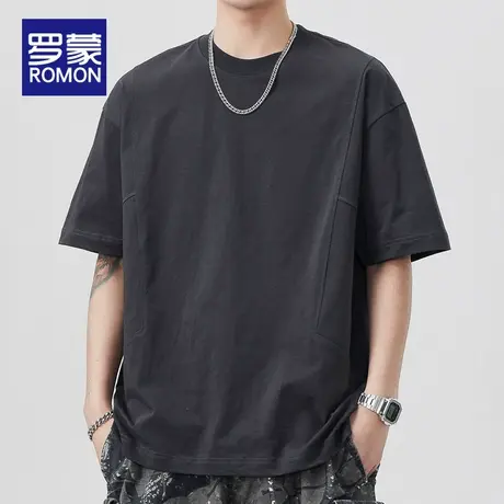 罗蒙男士纯棉短袖T恤夏季薄款宽松2025新款纯色圆领半袖上衣男款图片