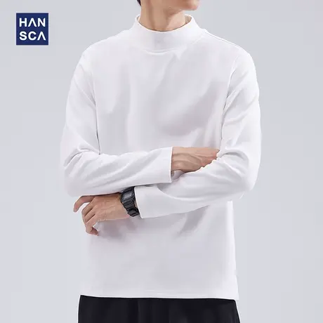 hansca德绒半高领长袖t恤男纯色宽松百搭潮流青少年休闲大码上衣商品大图