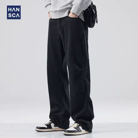 hansca黑色牛仔裤男秋季美式高街复古水洗直筒宽松阔腿休闲长裤子商品大图