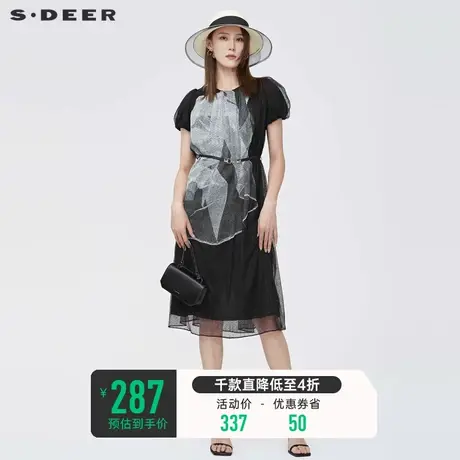 sdeer圣迪奥泡泡袖连衣裙夏装高级感网纱印花收腰长裙S22281242商品大图