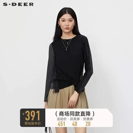 sdeer圣迪奥女装复古圆领蕾丝不规则长袖T恤S223Z0212🍻商品大图