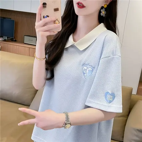 翻领polo衫华夫格短袖t恤女夏季韩版宽松大码女装学生假两件上衣图片