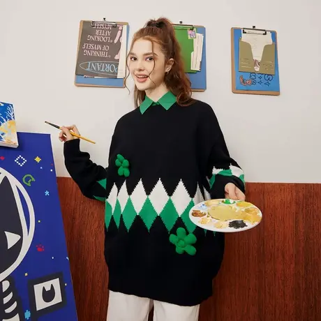 a02立体花装饰格纹撞色设计感长袖上衣秋季宽松百搭女式毛衣商品大图