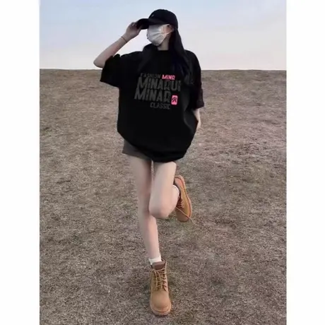 美式高街重磅黑色短袖t恤女2025新款夏季宽松慵懒风纯棉大码上衣图片