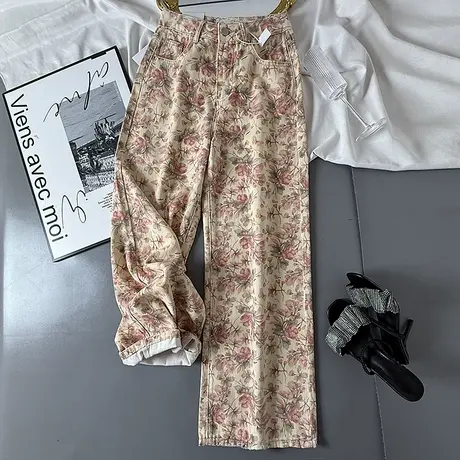 满印花朵减龄牛仔裤女韩系春夏新款洋气高腰显瘦阔腿裤垂感直筒裤商品大图