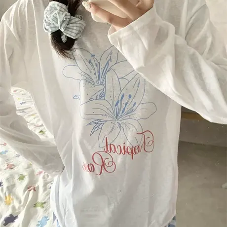 清凉夏日~韩系慵懒休闲花朵字母印花雪花棉宽松长袖T微透防晒罩衫商品大图