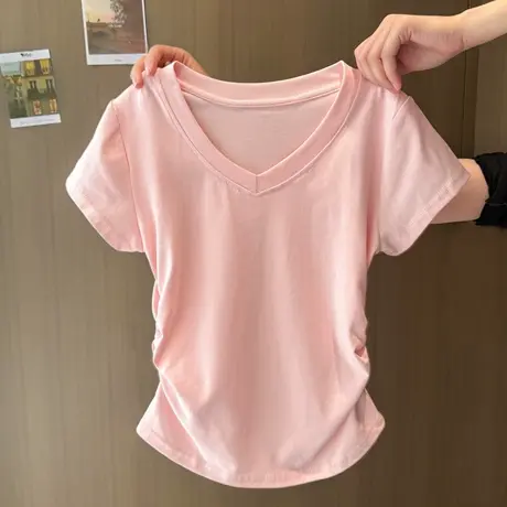 chic甜辣褶皱收腰短袖T恤女夏季修身韩版短款小个子V领正肩上衣服商品大图