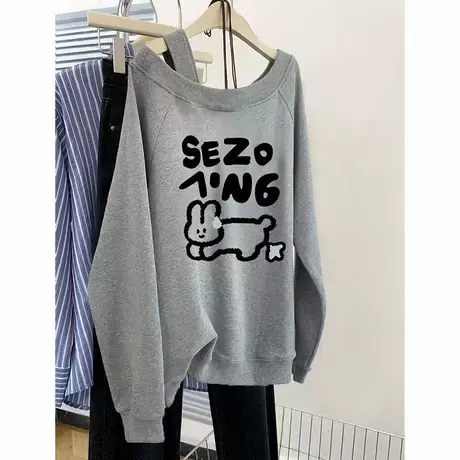 复古chic高级感露肩卫衣女春秋大码薄款宽松学院风美式斜肩上衣潮商品大图