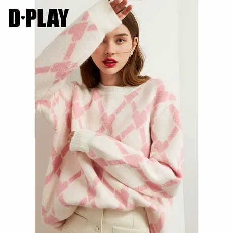 DPLAY德帕拉秋冬新米白宽松欧美甜美减龄针织毛衣爱心提花针织衫商品大图