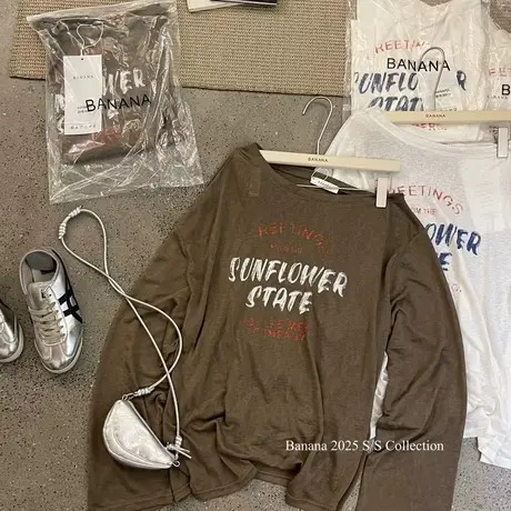 韩国东大门夏季新款时尚趣味斜肩长袖T恤女慵懒防晒衫罩衫上衣ins商品大图