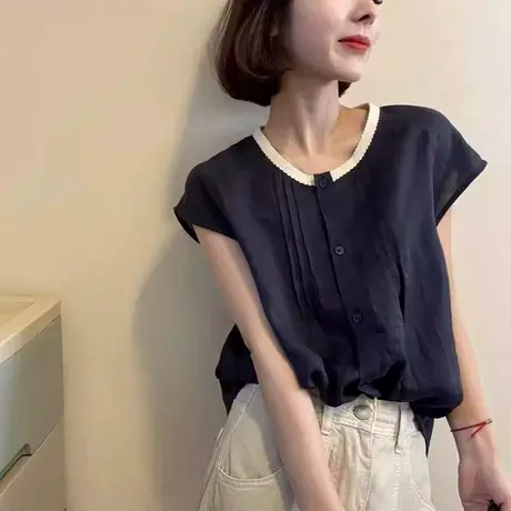 短袖衬衫女拼色圆领褶皱衬衫欧货简约洋气小飞袖时尚百搭减龄上衣图片