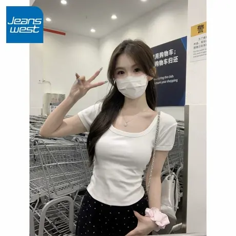 KV真维斯白色方领短袖t恤女2025新款 夏休闲修身显瘦体恤短款上衣商品大图