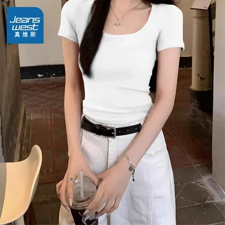KMV真维斯白色u领短款短袖女t恤夏季2025新款紧身辣妹小个子上衣商品大图