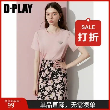 DPLAY2025年夏季新款粉色三角标圆领T恤宽松舒适洋气短袖女上衣商品大图