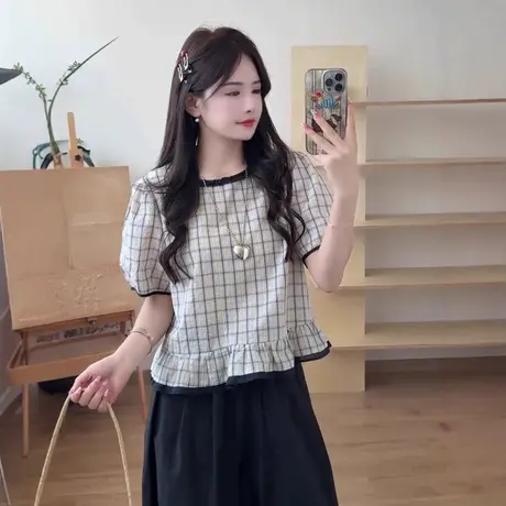 法式格子拼色短袖衬衫女2025夏季今年流行漂亮设计感小衫甜美上衣商品大图